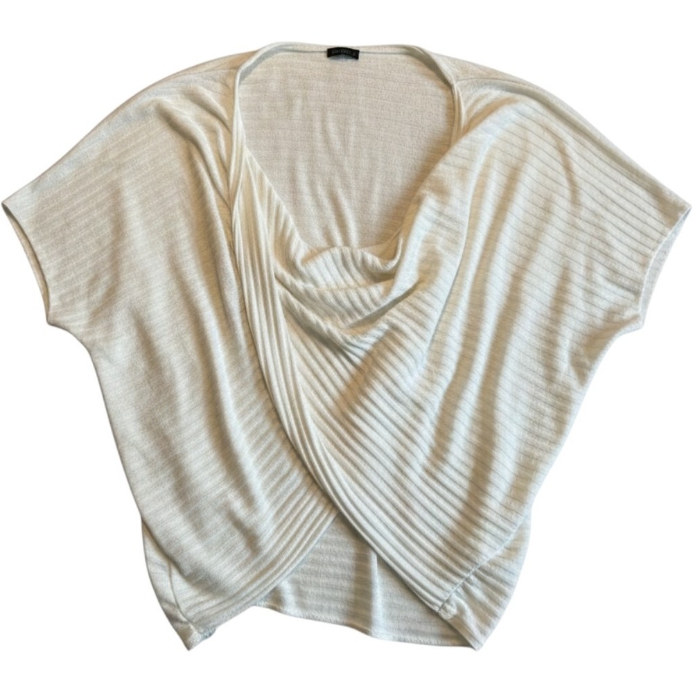 Ann Taylor Factory White Ribbed Draped Crossover Front Short Sleeve Knit Top